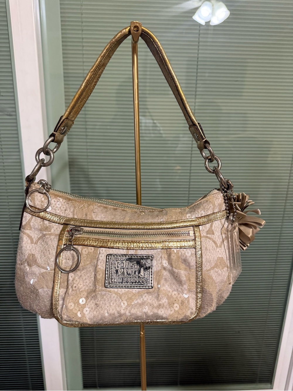 Coach Gold Sequin Shoulder Bag with Floral Charm